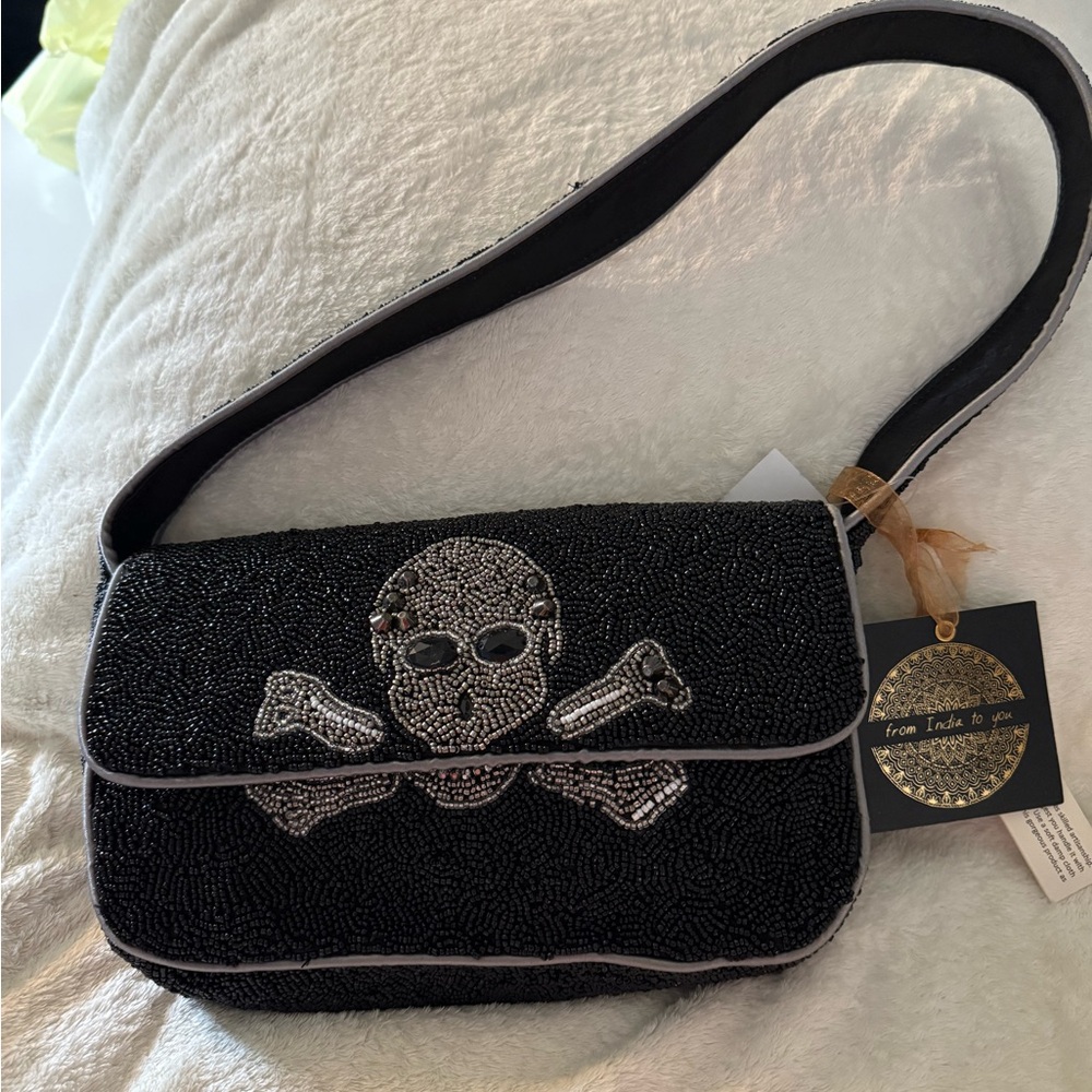 Black Beaded Skull Crossbody Bag
